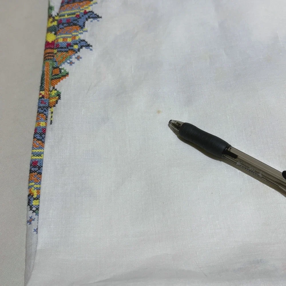 VTG Square Linen Tablecloth 48x48 Cross Stitch Embroidered White Pagoda Asian